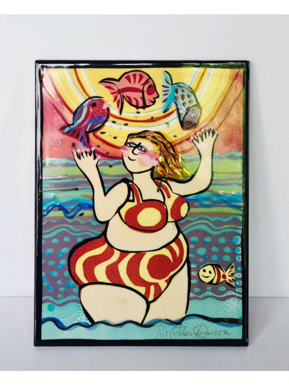 Handcrafted Ceramic Art Tile With Vibrant Swimmer & Fish Design By Pat Custer De
